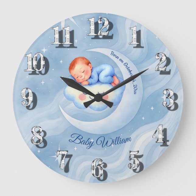 Baby Boy Dusche laden Mondlicht Sterne Wasserfarbe Große Wanduhr (Vorderseite)