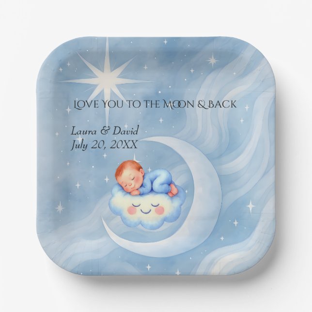 Baby Boy Dusche laden Mondlicht Sterne Wasserfarbe Pappteller (Vorderseite)