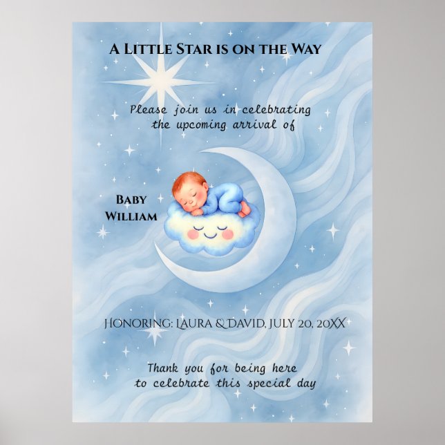 Baby Boy Dusche laden Mondlicht Sterne Wasserfarbe Poster (Vorne)
