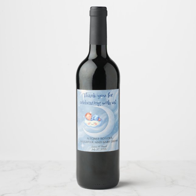 Baby Boy Dusche laden Mondlicht Sterne Wasserfarbe Weinetikett (Vorderseite)