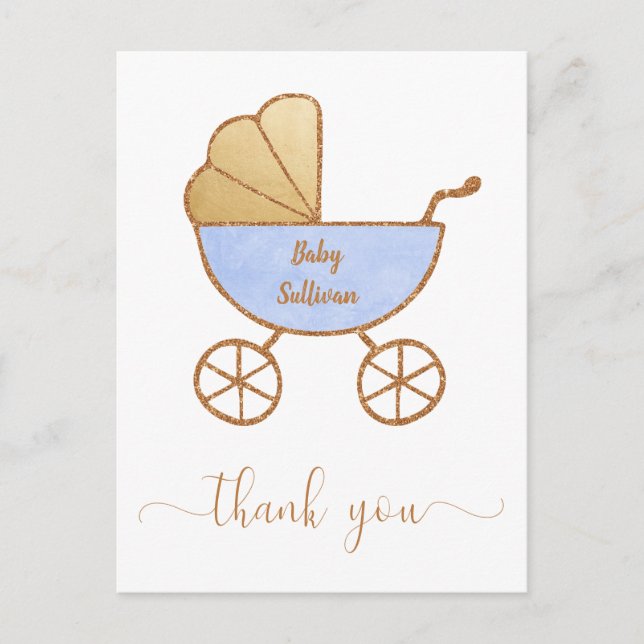 Baby Boy Dusche Retro Carriage Blue Gold Vielen Da Postkarte (Vorderseite)