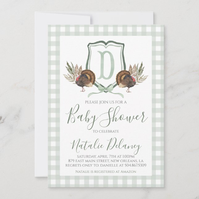 Baby Boy Dusche Türkei South Green Gingham Einladung (Vorderseite)