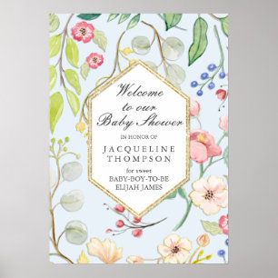 Baby Boy Dusche Willkommen Floral Dusty Blue Hexag Poster