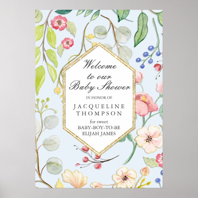 Baby Boy Dusche Willkommen Floral Dusty Blue Hexag Poster (Vorne)