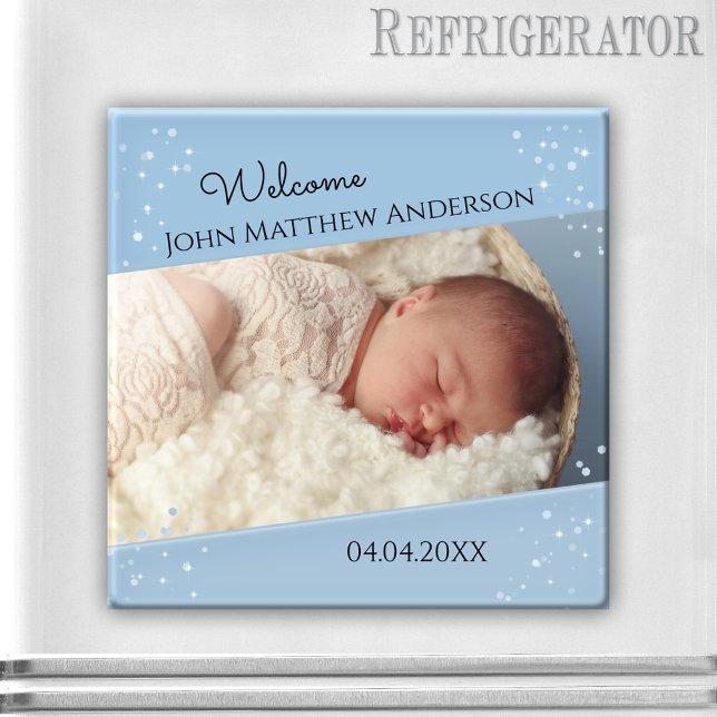 Baby Boy Dusty Blue Sparkling Foto Magnet (Elegant photo frame magnet featuring your own baby photo framed by a dusty blue sparkly design)