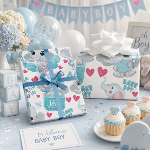 Baby Boy Elefant Süß Blau Baby-Party Taufe Geschenkpapier
