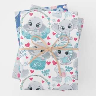 Baby Boy Elefant Süß Blau Baby-Party Taufe Geschenkpapier Set