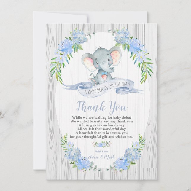 Baby Boy Elephant Baby Dusche Danke Karte (Vorderseite)