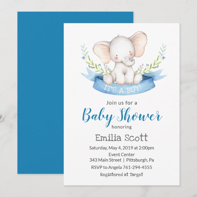 Baby Boy Elephant Baby Shower Einladungen (Vorne/Hinten)