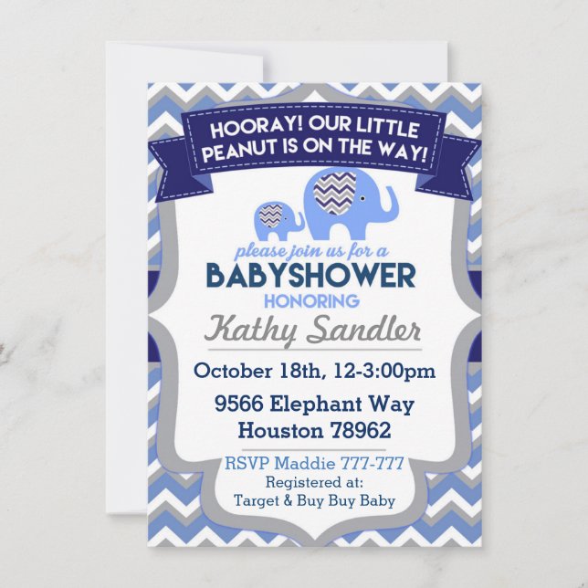 Baby Boy Elephant Baby Shower Invitations (Devant)