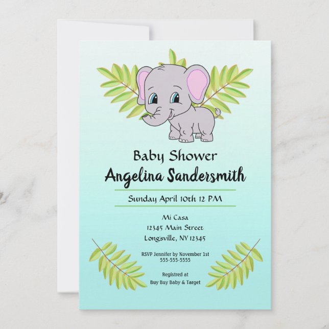 Baby Boy Elephant Blue Ombre Niedlich Baby Dusche Einladung (Vorderseite)