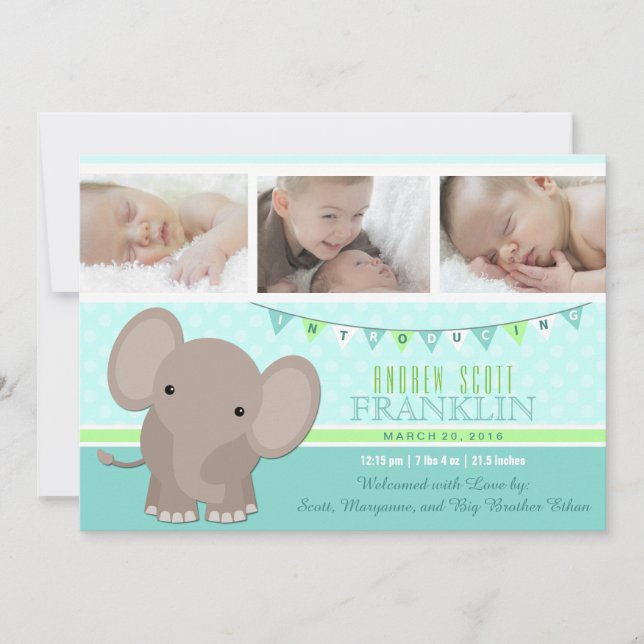 Baby Boy Elephant Foto Geburtsankündigung Ankündigung (Vorderseite)