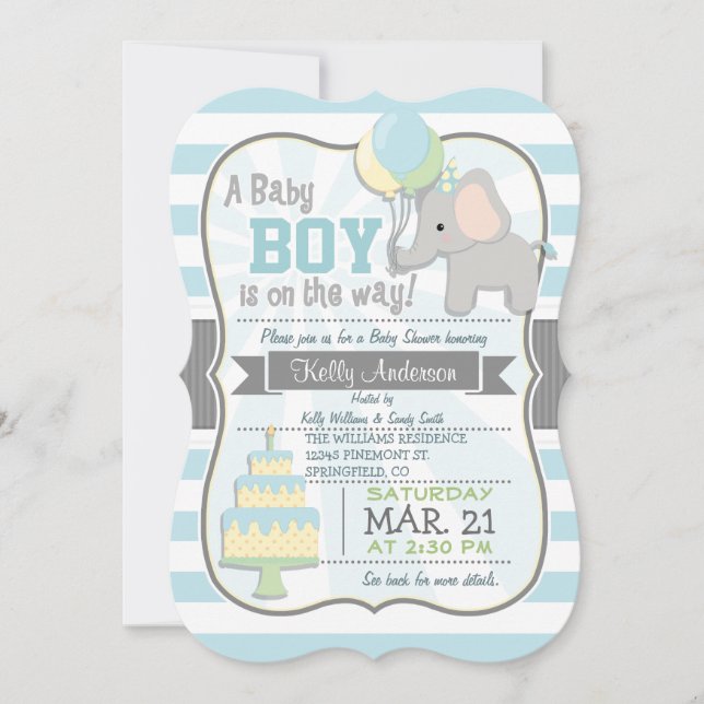 Baby Boy Elephant, Jungle Animal Baby Dusche Einladung (Vorderseite)