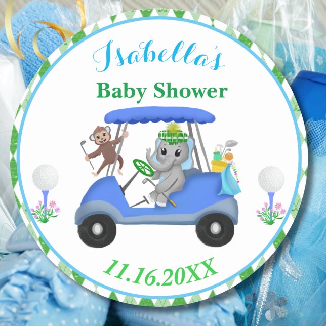 Baby Boy Elephant & Monkey Golf Baby Dusche Rückke Runder Aufkleber (Von Creator hochgeladen)