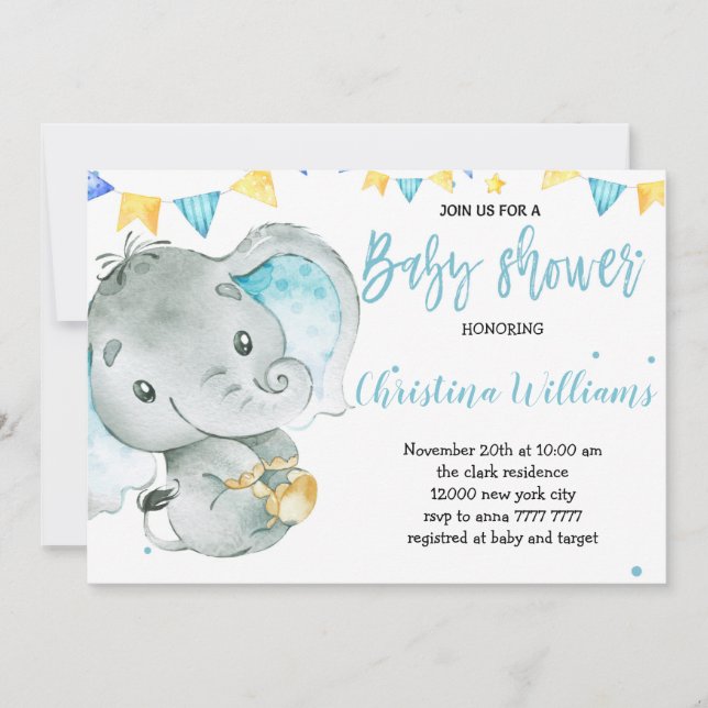 Baby Boy Elephant Niedlich Baby Dusche Einladung (Vorderseite)