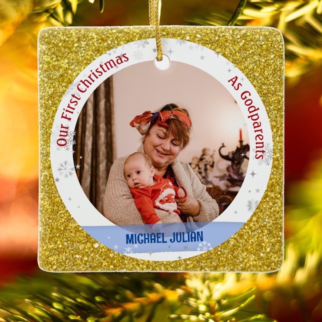 Baby Boy Erste Weihnacht als Godeltern 2 Fotos Keramikornament (Elegant Modern Cute Golden Our First Christmas as Godparents Baby Boy 2 Photos Faux Glitter)