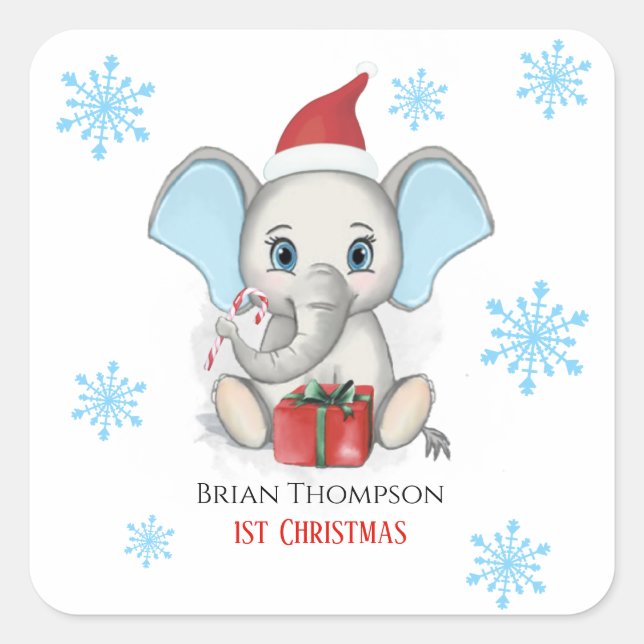 Baby Boy Erste Weihnachtsfeier Niedlich Elephant H Quadratischer Aufkleber (Vorderseite)