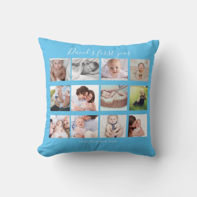 Baby Boy erstes Jahr Foto Collage Geschenk Blau Kissen (Vorderseite)