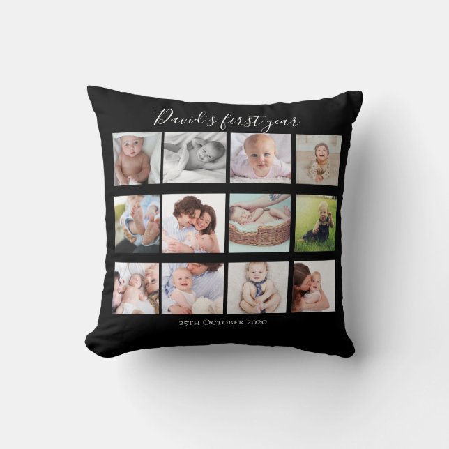 Baby Boy erstes Jahr Foto Collage Geschenk Schwarz Kissen (Vorderseite)