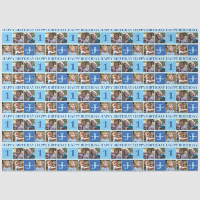 Baby Boy Erstgeburt Niedlich Blue Foto Collage Seidenpapier (Vorderseite)