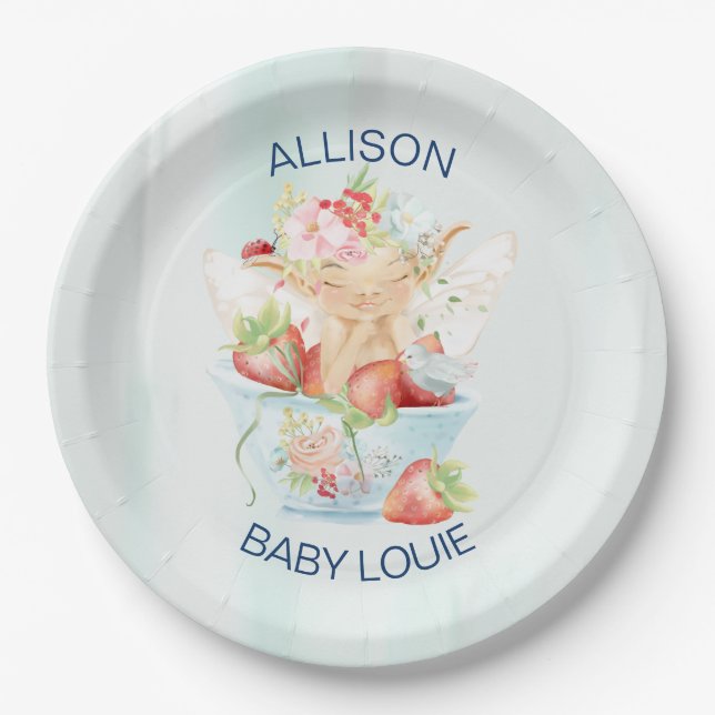 Baby Boy Fairy in Blue Teacup Baby Dusche Pappteller (Vorderseite)