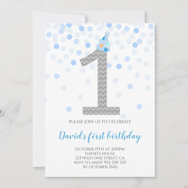 Baby Boy First Birthday Blue Confetti Boy Party Einladung (Vorderseite)