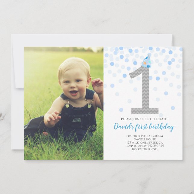 Baby Boy First Birthday Blue Confetti Foto Einladung (Vorderseite)