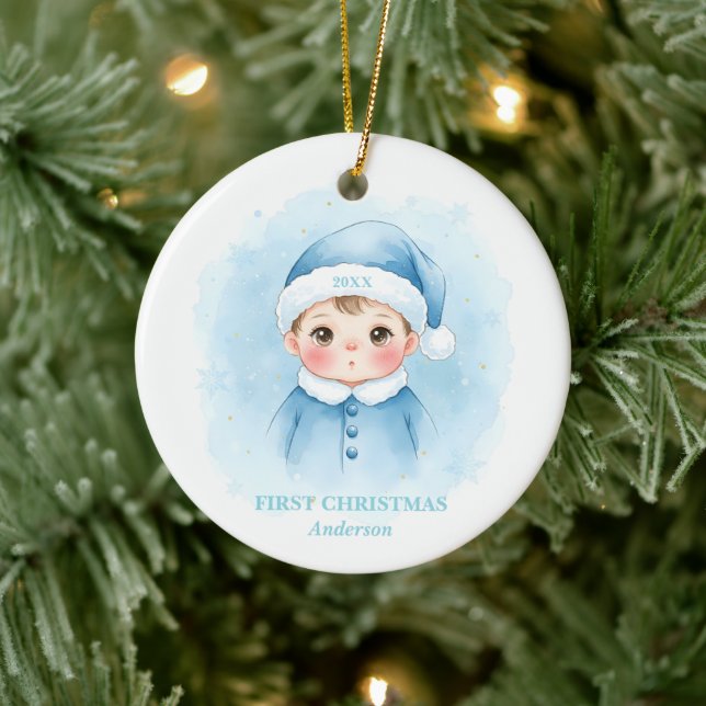 Baby Boy First Christmas Blue Santa Photo Keramik Ornament (Baum)