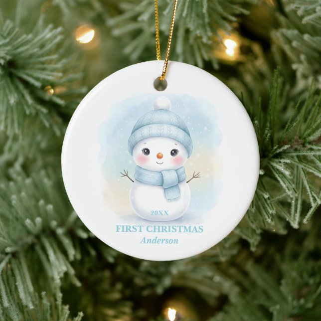 Baby Boy First Christmas Blue Snowman Photo Keramik Ornament (Baum)