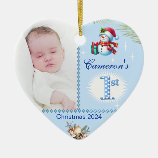 Baby Boy First Christmas Custom Foto Herzgeschenk Keramik Ornament (Vorne)