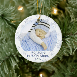 Baby Boy First Christmas Foto Blue Snowflake Name Keramik Ornament