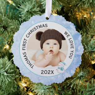 Baby Boy First Christmas Foto Icy Blue Ornament Karte
