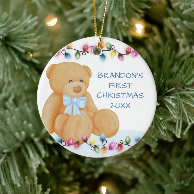 Baby Boy First Christmas Lights Teddy Bear Foto Keramik Ornament (Baum)