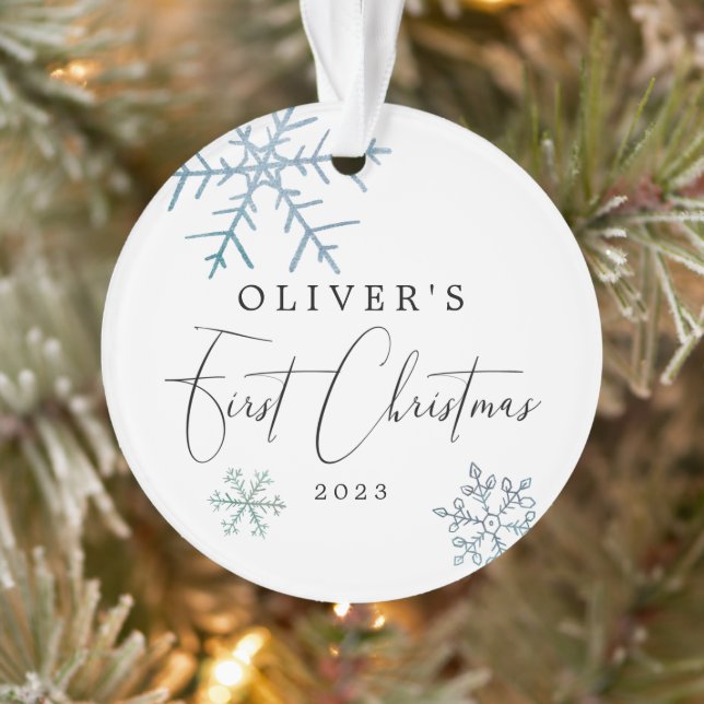 Baby Boy First Christmas Modernes Script Foto Ornament (Baum)