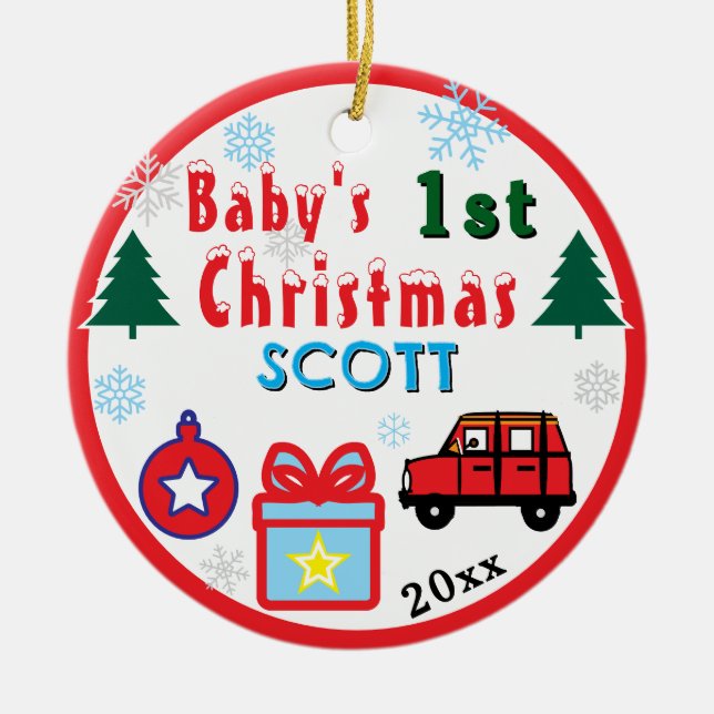 Baby Boy First Christmas Red  Car NAME Keramik Ornament (Vorne)