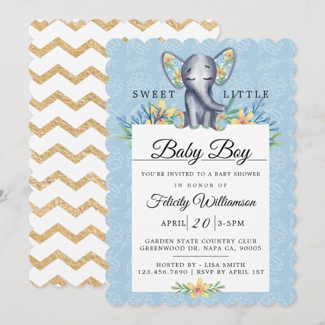 Baby Boy Floral Elephant Baby shower Invitation (Devant / Derrière)