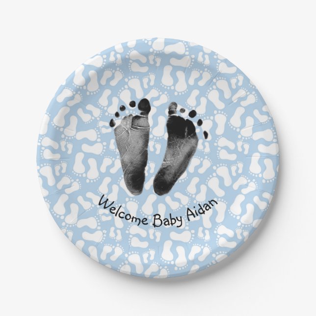 Baby Boy Footprint auf Blue Pappteller (Vorderseite)