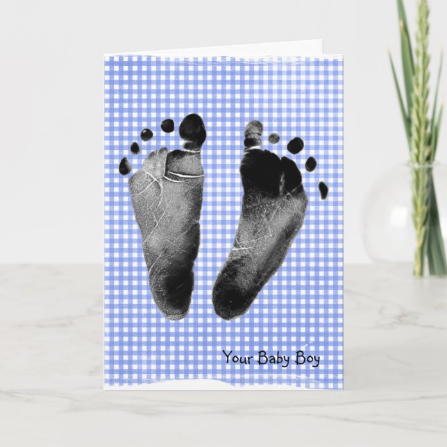Baby Boy Footprints auf Gingham Card Karte (Vorderseite)