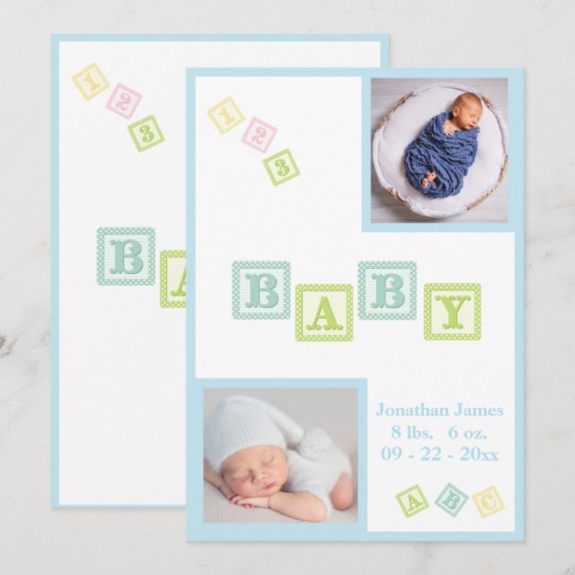 Baby Boy Foto ABC Blocks Blue Newborn Birth Ankündigung (Vorne/Hinten)