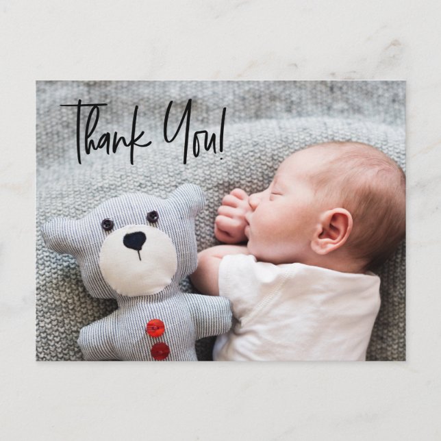 Baby Boy Foto Babydusche danke Handlettern Postkarte (Vorderseite)