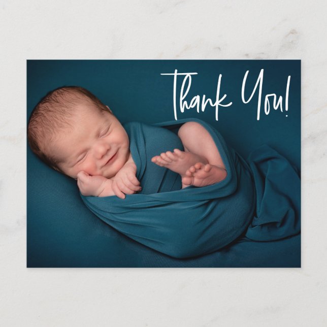 Baby Boy Foto Babydusche danke Handlettern Postkarte (Vorderseite)