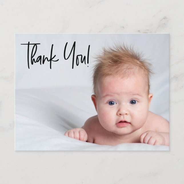 Baby Boy Foto Babydusche vielen Dank Script Postkarte (Vorderseite)