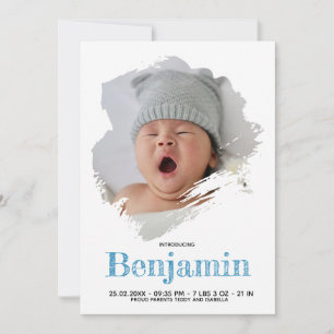 Baby Boy Foto Blaues Skript Weiße Streifen Geburt Ankündigung