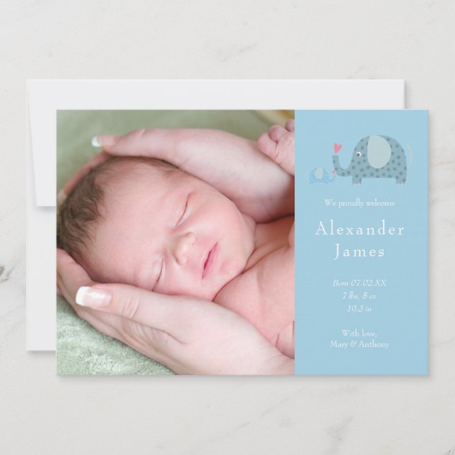 Baby Boy Foto Blue Polka Dot Elephants Birth Ankündigung (Vorderseite)