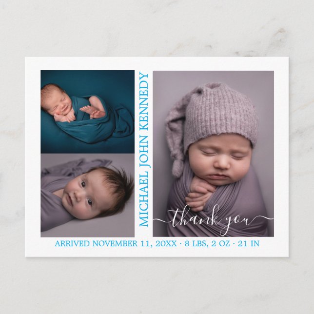 Baby Boy Foto Collage Skript Geburtsankündigung Postkarte (Vorderseite)