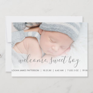 Baby Boy Foto-Geburtsanzeige Grau Quatrefoil Ankündigung