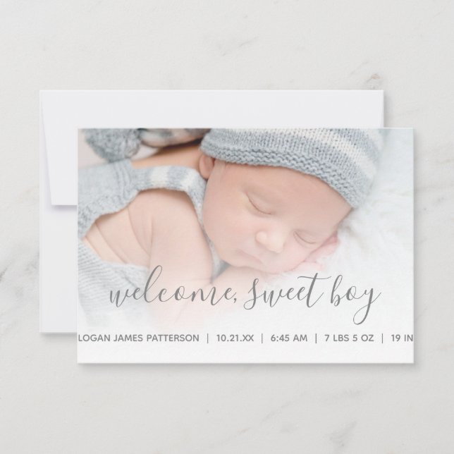 Baby Boy Foto Gray Quatrefolie Birth Ankündigung (Vorderseite)