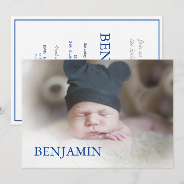 Baby Boy Foto Naming Celebration Einladung (Vorne/Hinten)