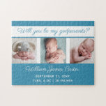 Baby Boy Foto von Will You Be My Godeltern Cute Bl<br><div class="desc">Will you be my godeltern? A classic baby boy foto puzzle in cerulean blue with beautiful cursive typography above your sweet newborn fotograph collage. Customize this keepsake gift with your favorite pictures of your new infant above their birth date and height and weight stats.</div>