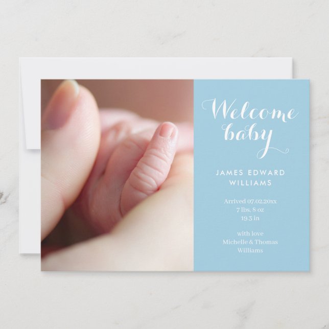 Baby Boy Fotos Monogram Blue Script Birth Ankündigung (Vorderseite)